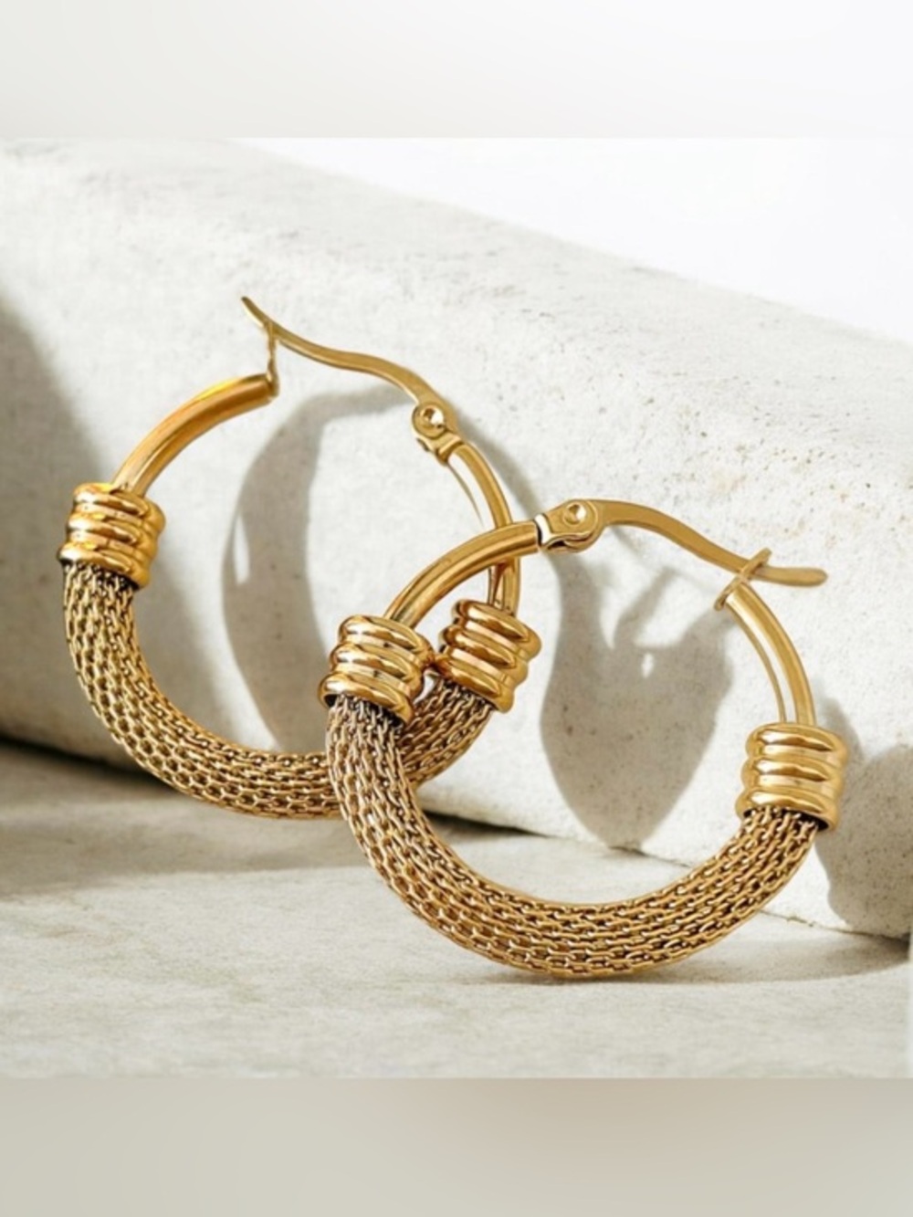 Anthropologie mesh Gold stainless Textured Hoop Earrings